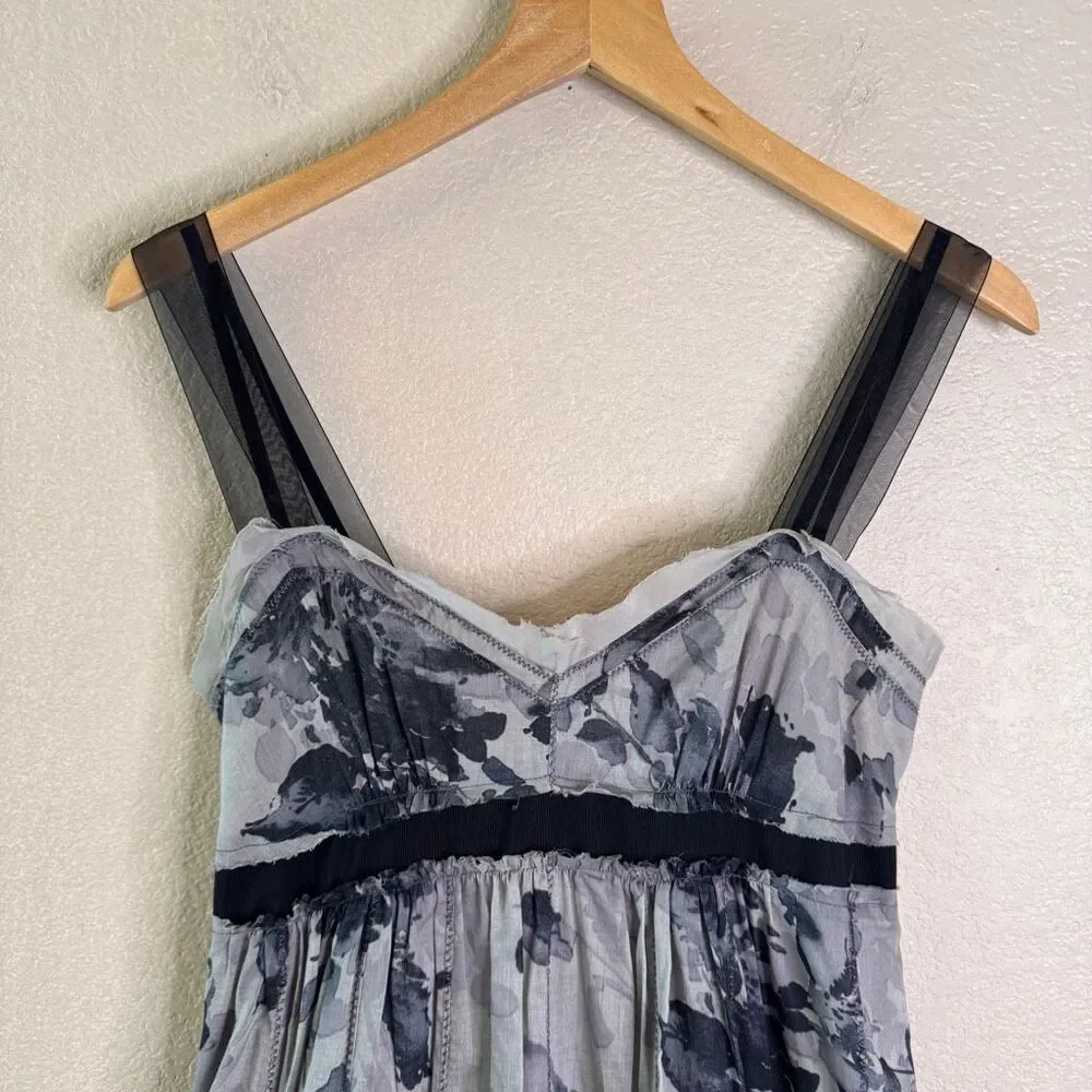 Ann Taylor LOFT Empire Waist Dress Gray Black Floral Sz 2 Whimsigoth Dark Fairy